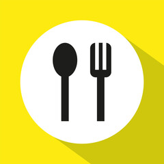 Spoon fork icon. Yellow background vector. Dining utensil symbol. Simple graphic design.