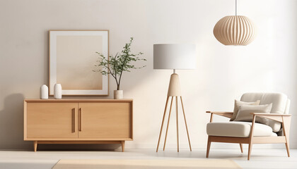 Stylish midcentury modern living room interior with wooden sideboard armchair and tripod floor lamp