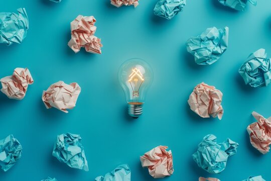 A light bulb surrounded by crumpled paper balls on a blue background, symbolizing new ideas and creativity when viewed from above.