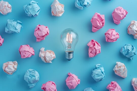 A light bulb surrounded by crumpled paper balls on a blue background, symbolizing new ideas and creativity when viewed from above.