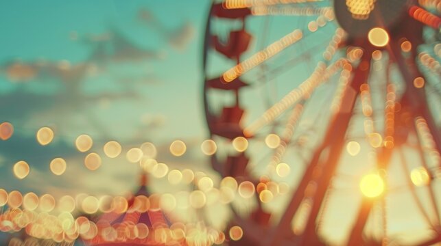 A defocused Ferris wheel towering over the festivals chaotic energy.