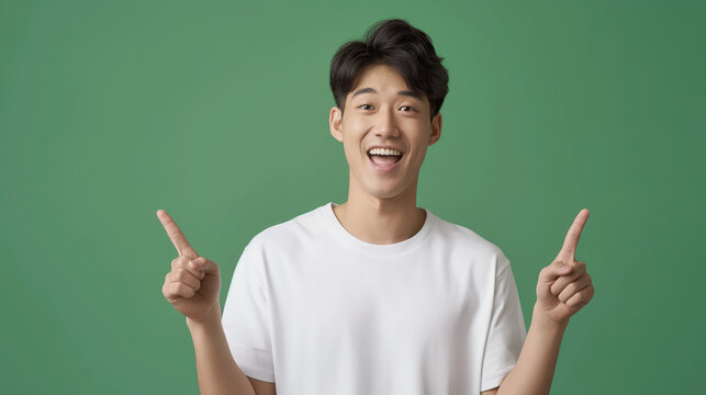 Happy young Asian man in a white t-shirt pointing with both  hands against a green background