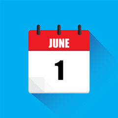 June 1 calendar icon. Red and white page. Blue background. Flat vector design.