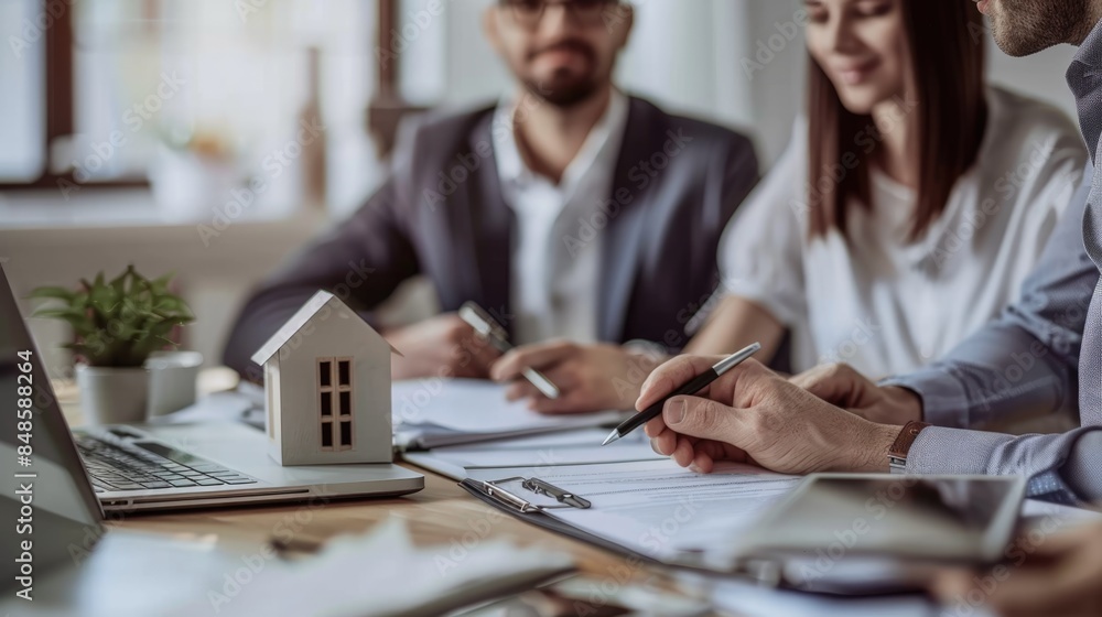 Wall mural young couple is buying a house with a mortgage. they sign the documents with an agent in the office