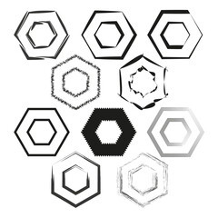 Abstract hexagon shapes. Black and white vector. Various geometric designs. Simple patterns.