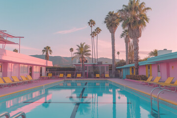 Retro poolside view with pastel-colored buildings and palm trees under a pink sky