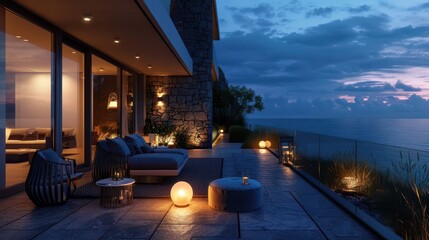 Night time modern home and terrace with warm light and sea view. - Powered by Adobe