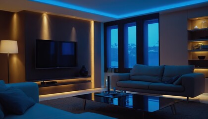 Fototapeta premium Smart Home Entertainment System with Voice Control in a Living Room
