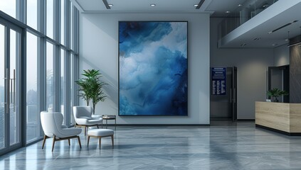 A mockup of an empty vertical rectangular frame on the wall in front, placed inside a modern medical office waiting room with white chairs and glass doors.