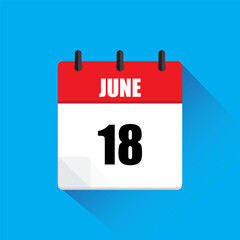 June 18 calendar icon. Red and white vector design. Blue background illustration. Date symbol.