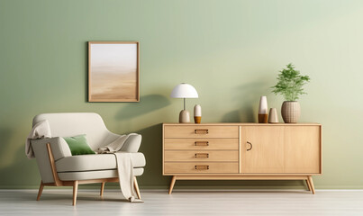 Elegant living room interior with a comfortable armchair wooden sideboard and stylish decorations in a warm beige and green color palette