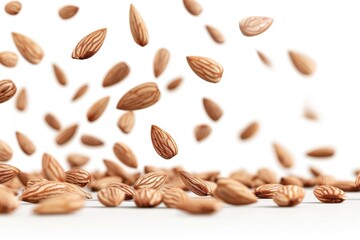 Elegant nuts in mid air, gracefully floating and descending on a pristine white background