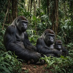 Obraz premium A family of gorillas resting in a dense jungle.