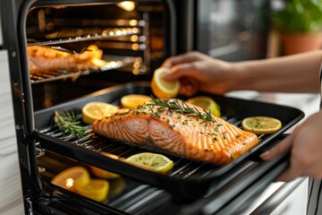 Woman taking out a delicious piece of freshly baked salmon from the oven for a home cooked meal