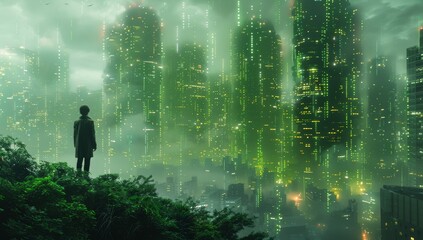 A person in business attire standing at the edge of an urban skyline, gazing out over green sustainable buildings and streets.