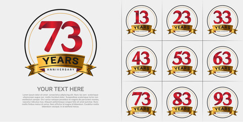 anniversary logotype set vector, red color with circle and gold ribbon for special day celebration