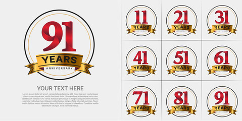 anniversary logotype set vector, red color with circle and gold ribbon for special day celebration