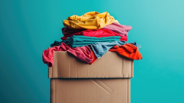 Close up image of clothing filled donation box on a blue background