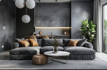A simple living room with grey walls, a sofa and coffee table, a dining area in the background, natural lighting, high resolution photography