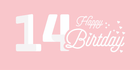 14th birthday greetings with white numbers and pink background