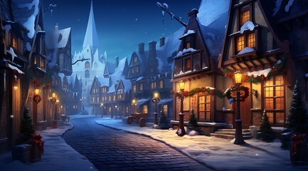 a Christmas village with snow on the ground. Generative AI