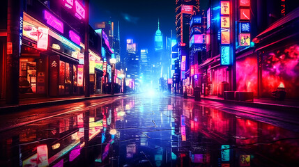 The Perfect for Urban-Themed Events, Futuristic Advertising, and Modern Marketing Campaigns of Dynamic Neon Night Cityscape, high-quality photograph captures the dazzling array of neon lights