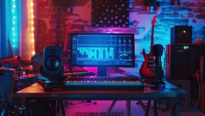 Music Studio Setup with Blue and Red Lights