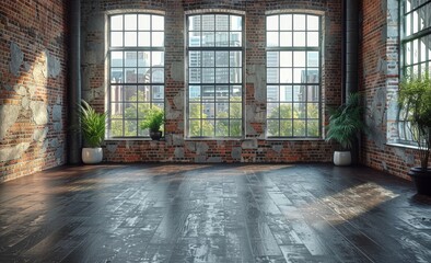 A wide-angle view of an empty room with large windows and brick walls, providing space for creative decoration or product display.