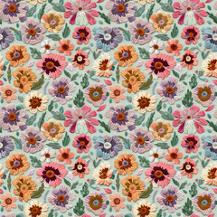 Floral embroidery from knitting wool, yarn, seamless pattern.