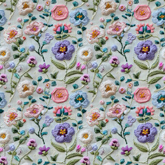 Floral embroidery from knitting wool, yarn, seamless pattern.