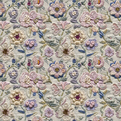 Floral embroidery from knitting wool, yarn, seamless pattern.