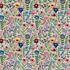 Floral embroidery from knitting wool, yarn, seamless pattern.