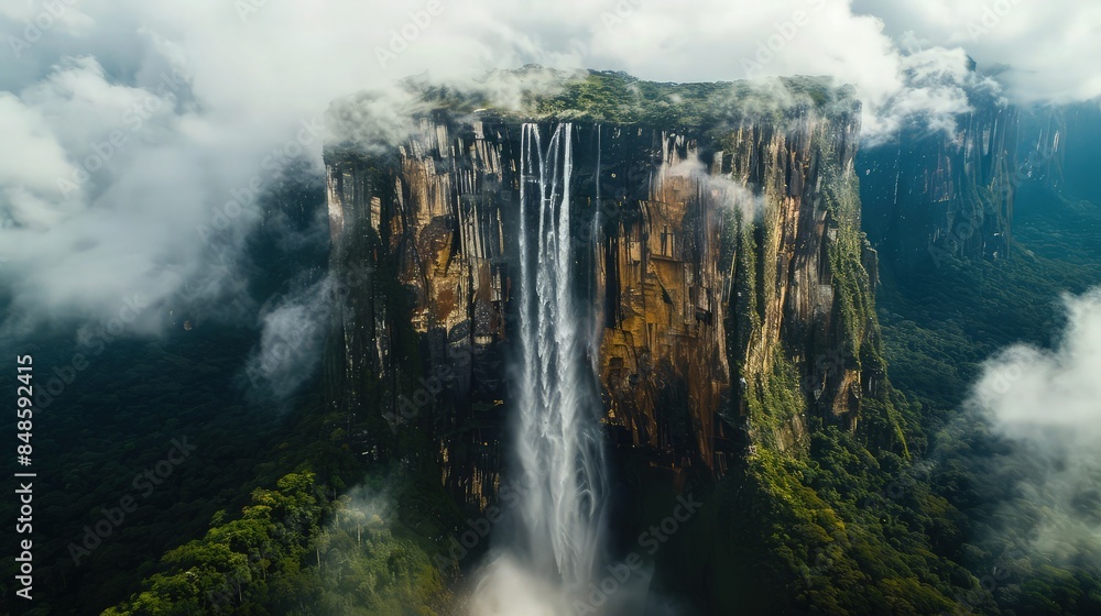Poster a towering waterfall crashes down a rugged cliff, enveloped in misty clouds and surrounded by dense 