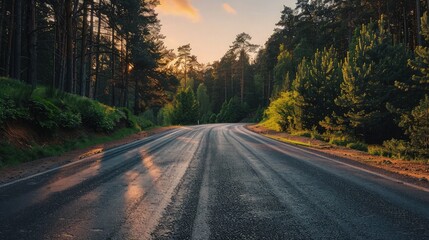 Naklejka premium asphalt road going off into the distance on the left, passes through the green shaded forest at sunset