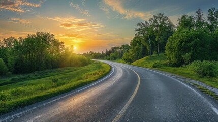 asphalt road going off into the distance on the left, passes through the green shaded forest at sunset