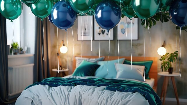 Beautiful cozy living room decorated for a festival with emerald green and cobalt blue hanging balloons, cozy beautiful bed visible, close-up view.
