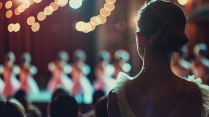 The quiet hum of the defocused audience adds to the ambiance of the graceful ballet performance.