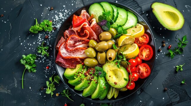 Ketogenic Lunch with Avocado Sliced Meat Olives and Fresh Vegetables Top View Promoting Healthy Eating