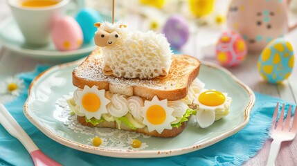 Obraz premium Funny easter breakfast for child. Funny easter breakfast with lamb shape on sandwich for child