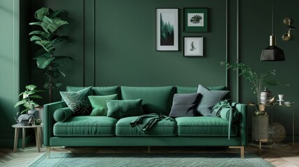 Luxury living room wall mockup with green sofa and decor on dark green background