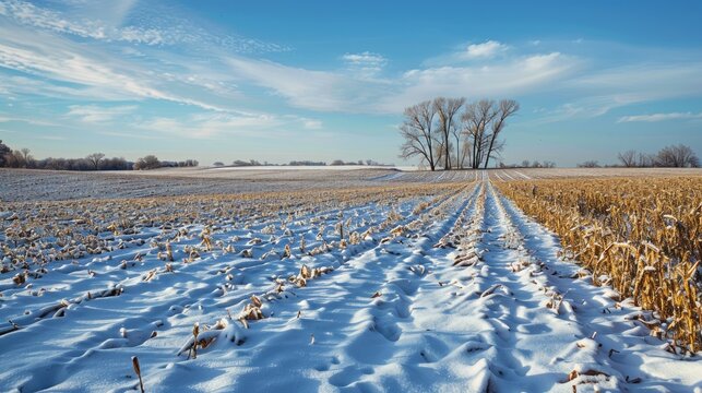 Snow blankets a cornfield in wintertime with harvested corn scattered in the icy terrain