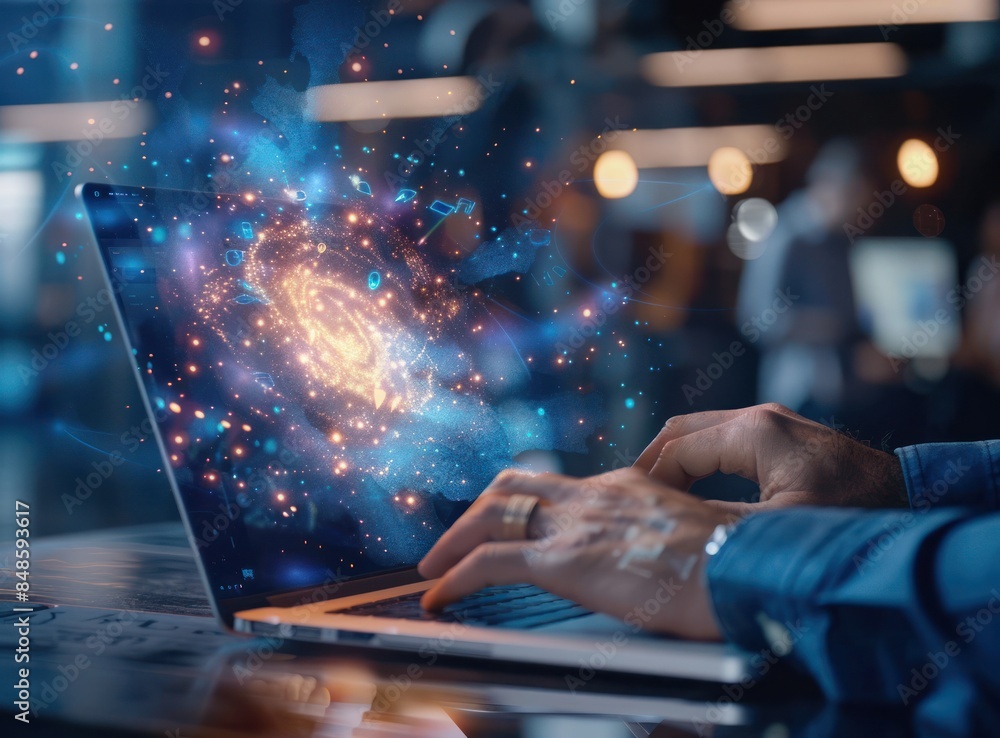 Poster a man is typing on his laptop, which has an abstract holographic projection of the universe and data