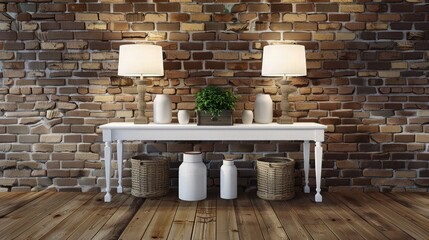 Night interior with lamps and white table. Brick wall with wooden plank decoration. Home plant on the wooden floor. 3D rendering.