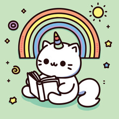 Minimal Vector Illustration of Cute Unicorn Cat Reading a Book with Rainbow