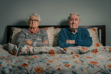 Elderly couple in bed with unhappy expressions, arms crossed