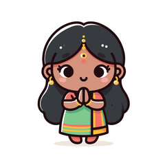 Minimal Hand-Drawn Vector Illustration of Cute Marathi Indian Girl Doing Namaste Pose