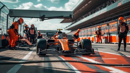 a Formula 1 car in the pit lane with team members around.