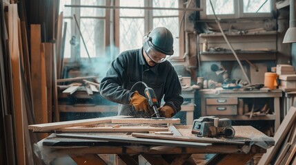 a man woodworking with safety gear in a workshop.