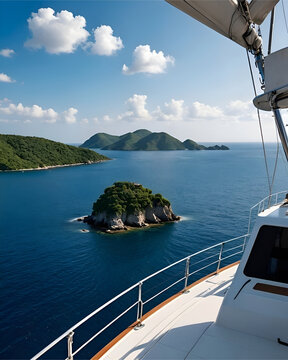 Vacaciones en la cubierta de un yate navegando junto a unas islas