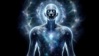 A mystical depiction of a human figure filled with stars and galaxies, embodying the cosmos. The image captures the ethereal beauty of the universe within the human form, set against a dark, starry ba